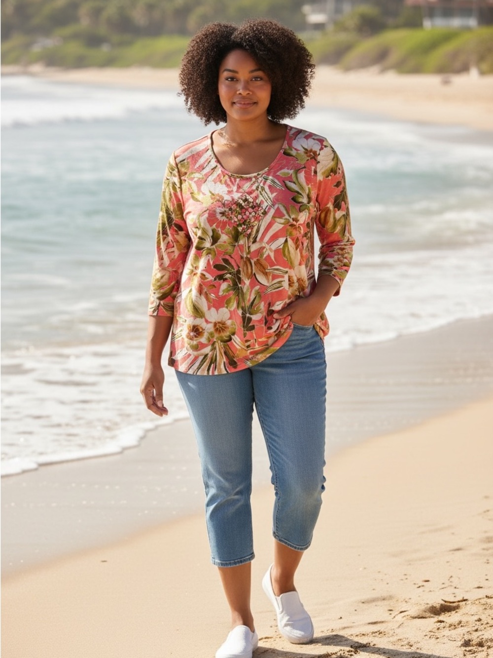 Caribbean Joe Beach Vacation Coral Pink Tropical Travel Floral Scoop Neck SZ 1X